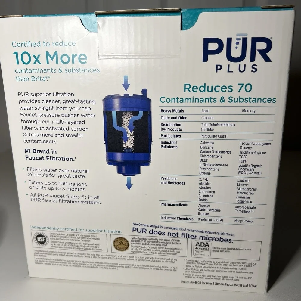 PUR‎ Plus Chrome Horizontal Faucet Mount Water Filtration System, model PFM400H